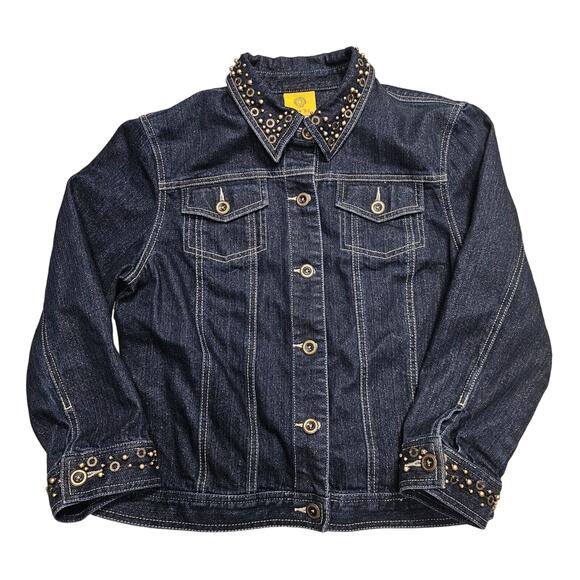 Dark Wash Denim Jacket Sz 8 Studded Collar & Cuffs All Over Gold Sparkle Cottage - Picture 1 of 12